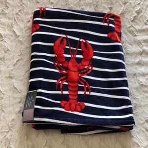 Brooks Brothers Navy and White Striped Beach Towel with Red Lobsters